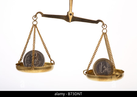 one us quarter dollar 25c coin and one euro coin on balancing scales quarter higher Stock Photo