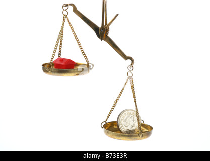 toy red house and one pound coin on balancing scales house higher Stock Photo