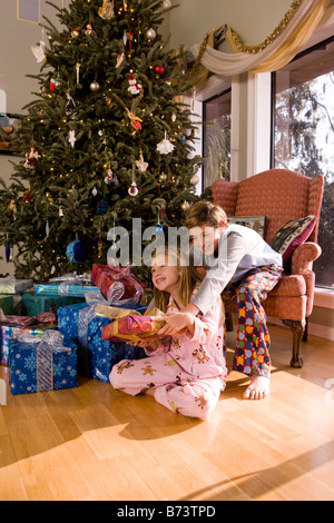 Children shaking presents next to Christmas tree Stock Photo