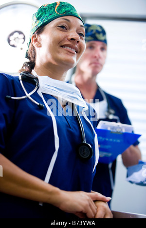 Portrait of two medical professionals in scrubs Stock Photo