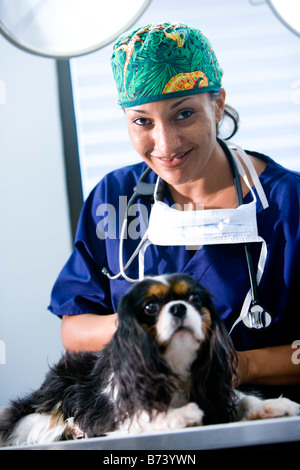 Portrait of vet doctor with dog on examination table in operating room Stock Photo