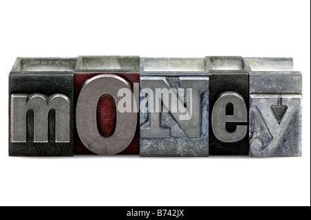The word Money in old letterpress printing blocks isolated on a white background Stock Photo
