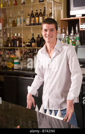 Male bartender behind bar counter Stock Photo