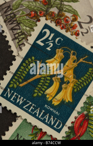 New Zealand postage mail stamp from the 1960s sixties showing the Kowhai plant flower Stock Photo