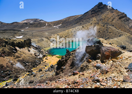 New Zealand, North Island, Whakapapa, Tongariro National Park, View on Emerald Lake and smoking earth. Stock Photo