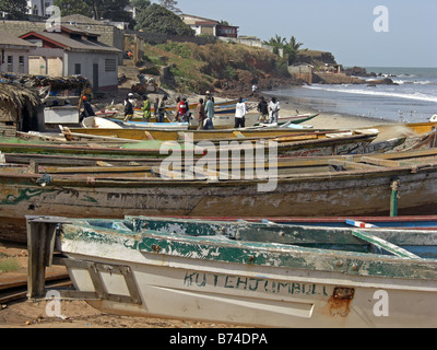 Fishing boat, Pirogue, in the fishing port at Bakau near Banjul, in The Gambia, West Africa. Stock Photo