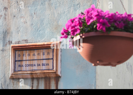 Tiled Street Sign On Wall With Flower Pot In Taipa Village, Macau