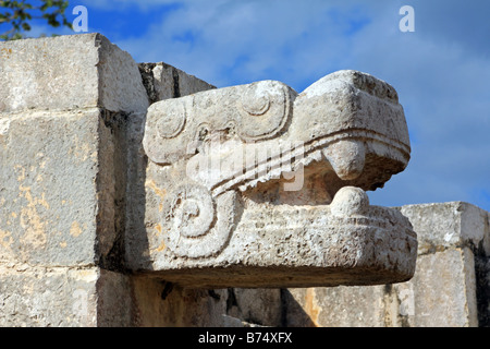 Serpent head details stone carving of The Venus Platform in Chichen Itza Yucanta Mexico Stock Photo