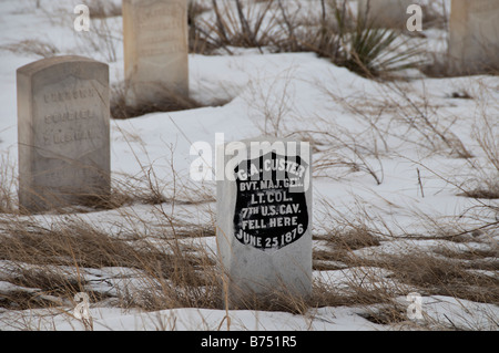 George Armstrong Custer headstone in snow, Last Stand Hill, Little Bighorn Battlefield National Monument, Crow Agency, Montana. Stock Photo