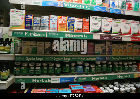 Natural remedies on sale in a chemist shop Stock Photo