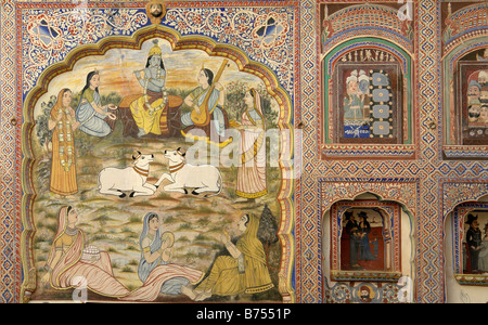interior of anandilal poddar haveli with frescoe wall painting decoration in nawalgarh Stock Photo