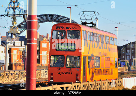 Street Scene Blackpool Orange double decker Tram Stock Photo