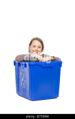 Recycling box with the girl inside, Winnipeg, Manitoba Stock Photo