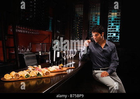 Young man sitting at a bar counter and drinking wine Stock Photo