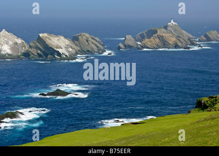 lighthouse most northerly lighthouse of Great Britain situated on offshore cliff seen from Hermaness Nature Reserve UnstShetland Stock Photo