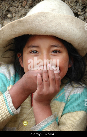 A Quechua Indian girl in the Cordillera Blanca of Peru. Stock Photo