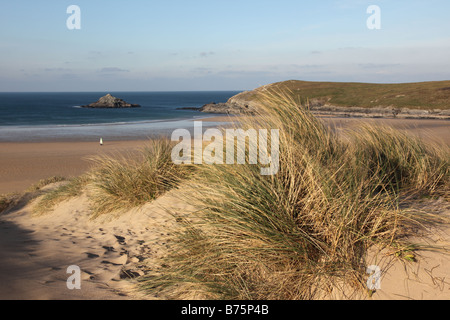 Sand dunes at Crantock Beach in winter, Cornwall, England, UK Stock Photo