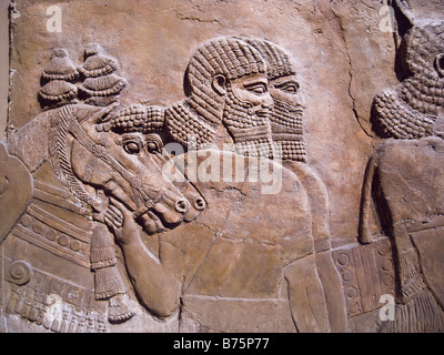 Assyrian king's royal chariot horses led by two men. Nimrud central palace Stock Photo