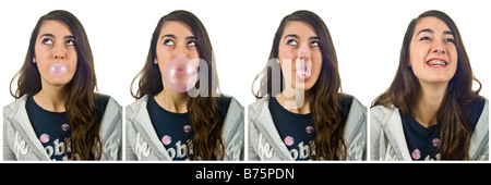 Vertical sequential portrait of a young teenage girl blowing pink bubbles with bubble gum until it bursts on her face and laughs Stock Photo