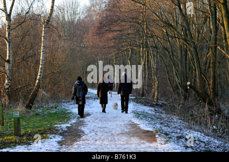 three people walking  on snow covered path in stenner woods, didsbury Stock Photo