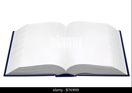 A hardback book opened with blank pages isolated on a white background Stock Photo