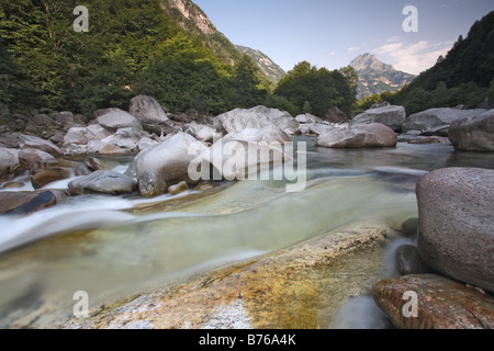 mountain torrent gebirgsbach stones water valle verzasca valley tal tessin switzerland europe Stock Photo