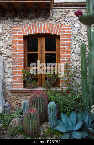 CACTUS GARDEN and WINDOW at the hotel POSADA DE LAS MINAS in the ghost town of MINERAL DE POZOS GUANAJUATO MEXICO Stock Photo