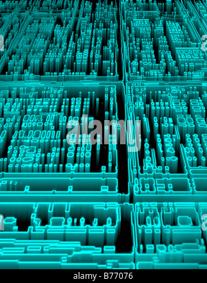 electricity glowing blue electric runs through the printed circuit board Stock Photo