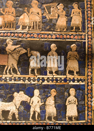 Detail from the Peace side of the Standard of Ur, attendants bringing sheep and donkey to the banquet and also musicians featuring man with a lyre Stock Photo