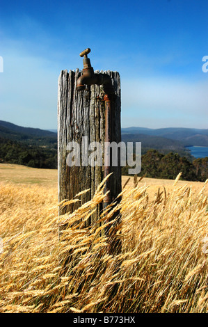 A lone spigot on a hillside in rural Tasmania, overlooking the hills and the coast of the Tasman Sea. Stock Photo