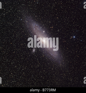 The Andromeda Galaxy (M31), with satellite galaxies Messier 110 and Messier 32. Stock Photo