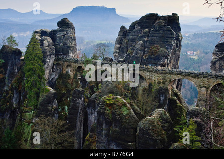 Bastei, rock formation and stone bridge in Saxon Switzerland, Saxony, Germany, Europe Stock Photo