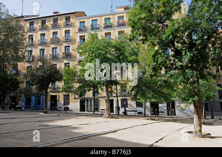 Houses, trees, Plaza de la Paja, medieval square, Madrid, Spain, Europe Stock Photo