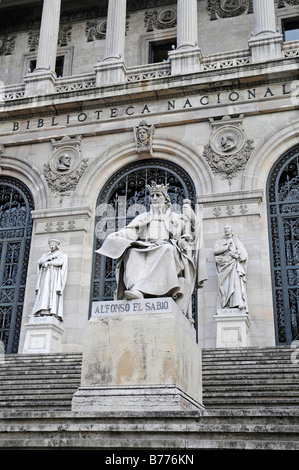 King Alfonso el Sabio, monument, entrance, front, Biblioteca Nacional, national library, Madrid, Spain, Europe Stock Photo