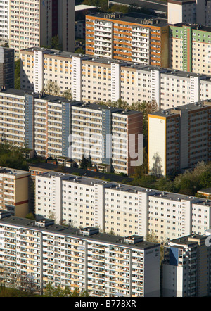 Aerial photograph of high rise residential estate, prefabricated buildings, Neu Olvenstadt, Magdeburg, Saxony-Anhalt, Germany,  Stock Photo