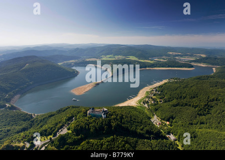 Aerial photograph, Waldeck castle, Edersee lake, reduced to less than a quarter of its normal volume of water, city of Korbach, Stock Photo