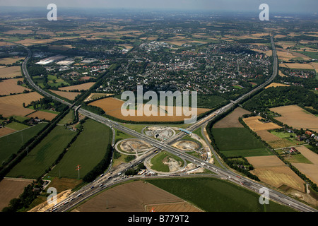 Aerial view, town of Kamen at top, Kamener Kreuz, motorway junction, A1 and A2 motorways, structural alteration works, Kamen, R