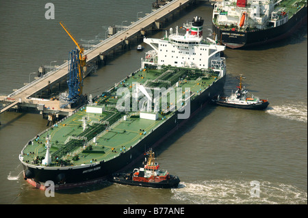 Aerial view, ship, oil harbour, Jadebusen, Wilhelmshaven, Lower Saxony, Germany, Europe Stock Photo