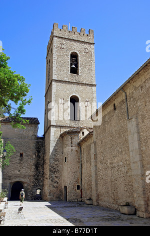 Belltower of the Cathedral Notre-Dame-de-l'Assomption d'Entrevaux, Entrevaux, Alpes-de-Haute-Provence, Provence-Alpes-Cote d'Az Stock Photo