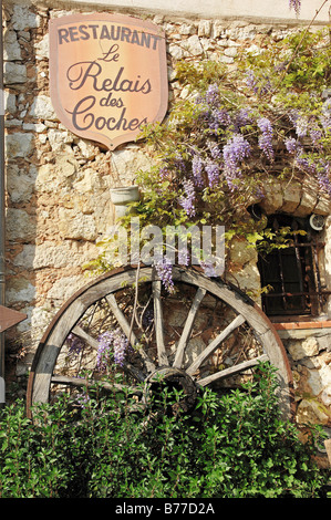 Sign of restaurant, cart wheel and Chinese Wisteria (Wisteria sinensis, Wisteria chinensis), Tourrettes sur Loup, Alpes-Maritim Stock Photo