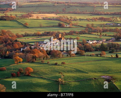 Looking down from Waterloo Monument to Sweetheart Abbey in the agricultural rural landscape of Dumfries and Galloway Scotland UK Stock Photo