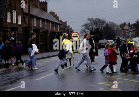 A lollipop lady holds up the traffic as miner's children and their parents cross the road on the walk home from school. Stock Photo