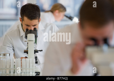 Scientists using microscopes pharmaceutical laboratory Stock Photo