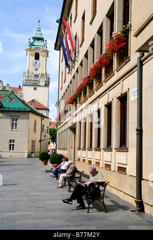 Street in front of the tower of the Old Town Hall, Stara radnica, Bratislava, formerly known as Pressburg, Slovakia, Europe Stock Photo