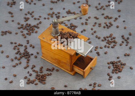 Antique coffee mill with grinding drawer full of freshly ground coffee amidst scattered coffee beans Stock Photo