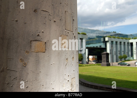 Remains of Warsaw Uprasing from 1944 against Nazi occupation. Filled bullets holes in column of Palace of the Republic. Stock Photo