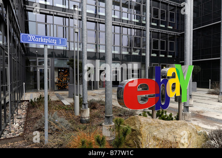 Ebay logo at the main entrance of the German headquarters in Kleinmachnow near Berlin, Germany, Europe Stock Photo