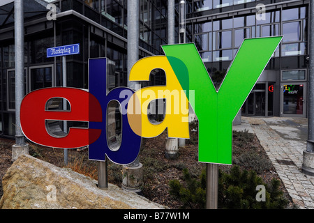 Ebay logo at the main entrance of the German headquarters in Kleinmachnow near Berlin, Germany, Europe Stock Photo