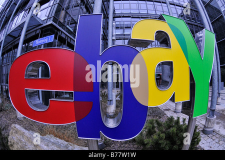 Ebay logo at the main entrance of the German headquarters in Kleinmachnow near Berlin, Germany, Europe Stock Photo