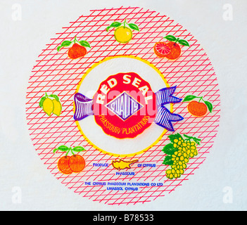 Printed ephemera / Citrus fruit wrapper from Cyprus - Fruits illustration on tissue paper. Stock Photo